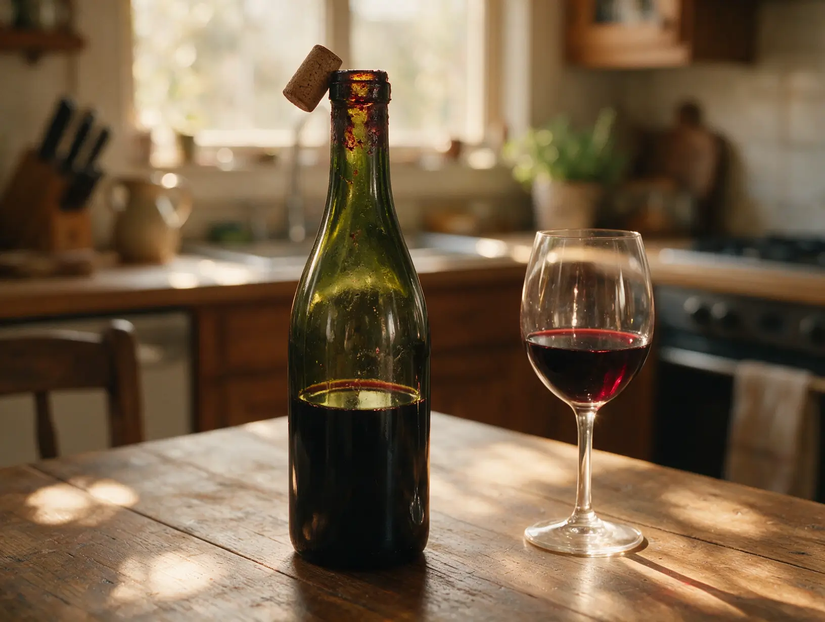 bouteille vin ouverte verre bois patine