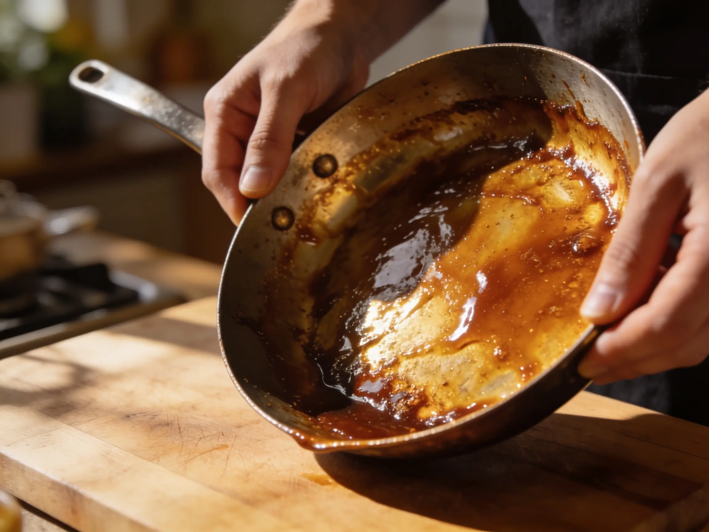 fond de poele caramele dans cuisine authentique